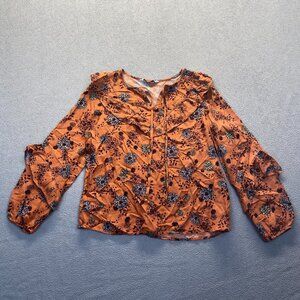 Sonoma Top Women Size 4M Ruffle Peasant Blouse Brown‎ Floral Long Sleeve